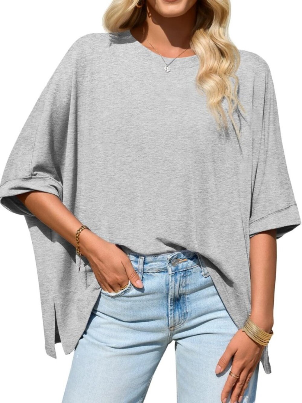 Womens Oversized Tshirts Batwing Short Sleeve Asymmetric Hem Tops